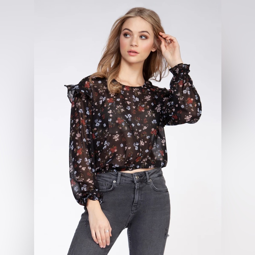 DEX | Ruffle Black Floral Blouse Sz M